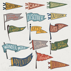 Set of adventure, outdoors, camping colorful pennants. Retro monochrome labels on textured background. Hand drawn wanderlust style. Pennant travel flags design