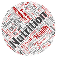 Vector conceptual nutrition health diet round circle red word cloud isolated background. Collage of carbohydrates, vitamins, fat, weight, energy, antioxidants beauty mineral, protein medicine concept