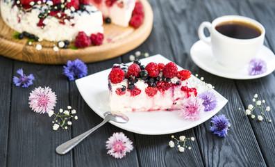 fruit cheese cake on a wooden background