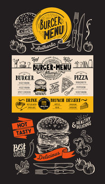 Burger restaurant menu. Food flyer for fastfood bar and cafe. Design template with vintage hand-drawn illustrations.
