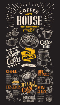 Blackboard coffee restaurant menu. Vector drink flyer for bar and cafe. Design template with vintage hand-drawn food illustrations.