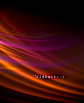 Neon glowing wave, magic energy and light motion background. Vector wallpaper template