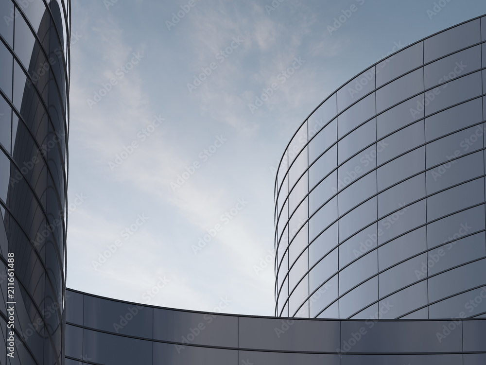Poster 3d stimulate of high rise curve glass building and dark steel window system on blue clear sky backgr