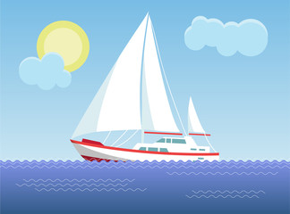 Yacht in the sea on the background of the sunny sky. Vector illustration.