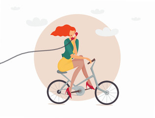 Concept illustration of young ginger woman riding bicycle and holding a phone
