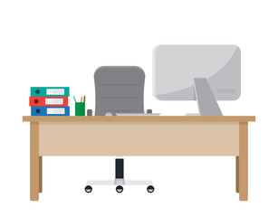 Workplace for worker. Desk with computer, documents