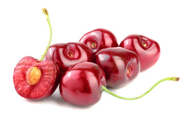 Sweet red cherries isolated on white background macro.