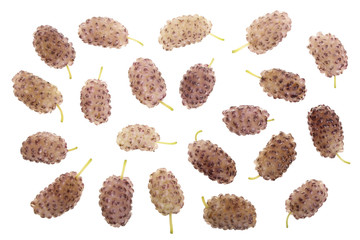 Fresh ripe white mulberry berries with leaves isolated on white background. Top view. Flat lay