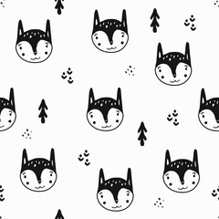 Wild fox hand drawn pattern in scandinavian style for kids textile,childish posters or nursery fabric.