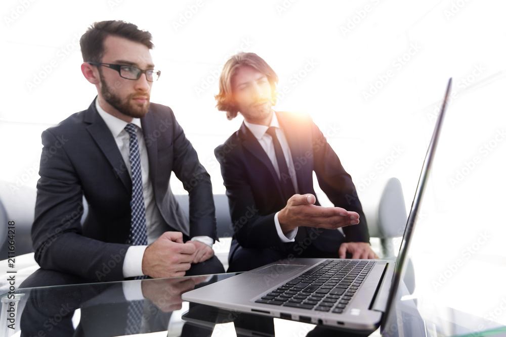 Poster two businessmen working on a project together