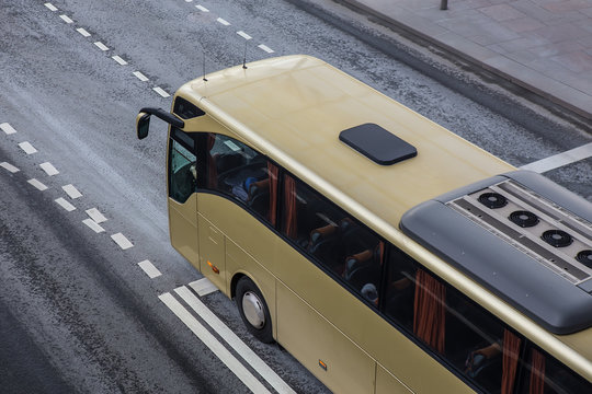 bus rides on a multi-lane highway