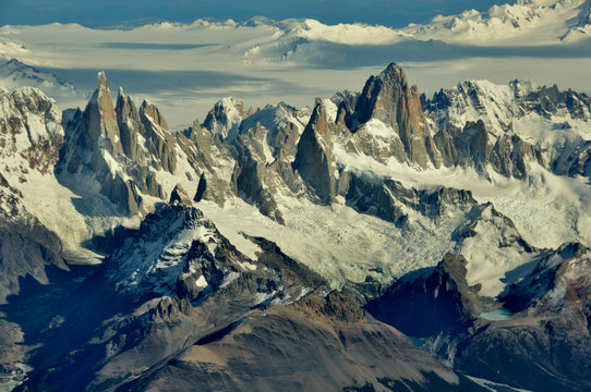 aerial view of mountains Fitz Roy, Cerro Torre and the southern patagonian ice field, Patagonia, between Chile and Argentina