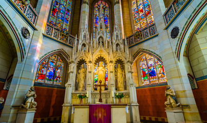 Jesus Christ Crucifixion Stained Glass All Saints Castle Castle Church Schlosskirche Lutherstadt Wittenberg Germany. Where Luther posted 95 thesis 1517 starting Protestant Reformation.