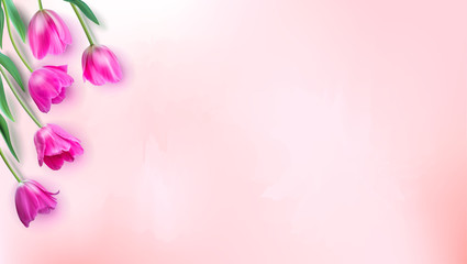 Floral background with bouquet of tulips, top view. Realistic resizable and editable mesh vector 3D illustration. Template for wedding cards, invitation, greetings poster.