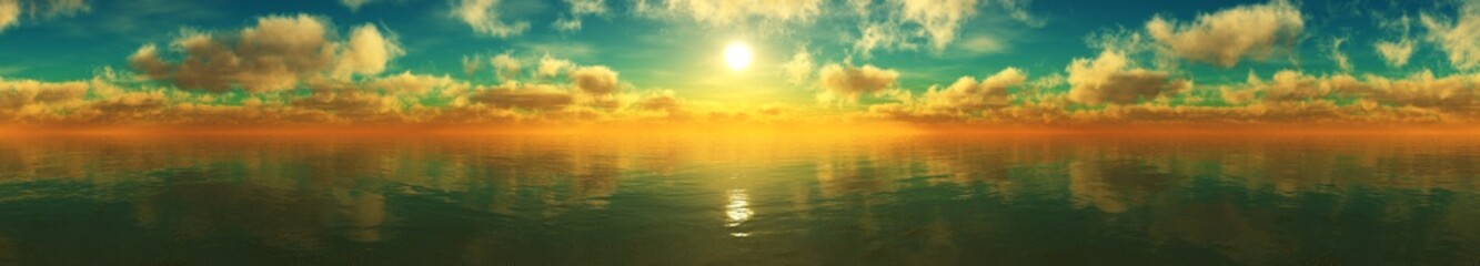 Naklejka na ściany i meble Panorama of sea sunset, ocean sunrise, seascape, 3d rendering 