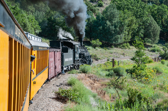 Durango and Silverton narrow guage Railroad. Coal-fired, steam operated locomotives, vintage 1923