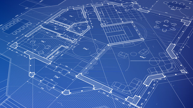 Vector Architectural Plan - Abstract Architectural Blueprint Of A Modern Residential Building / Technology, Industry, Business Concept Illustration: Real Estate, Building, Construction & Architecture