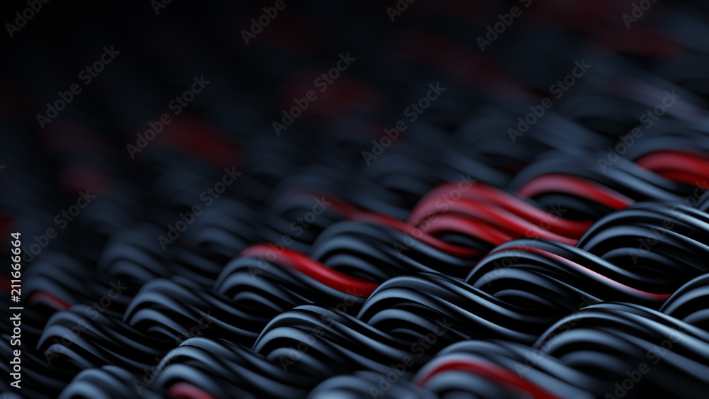 Poster wavy surface of black and red curles ornament abstract 3d rendering