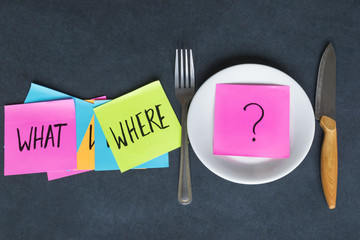 Different questions, plate, fork and knife on the dark background. 