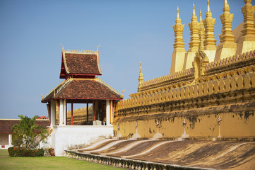 Exterior of the Pha That Luang golden stupa in Vientiane, Laos.