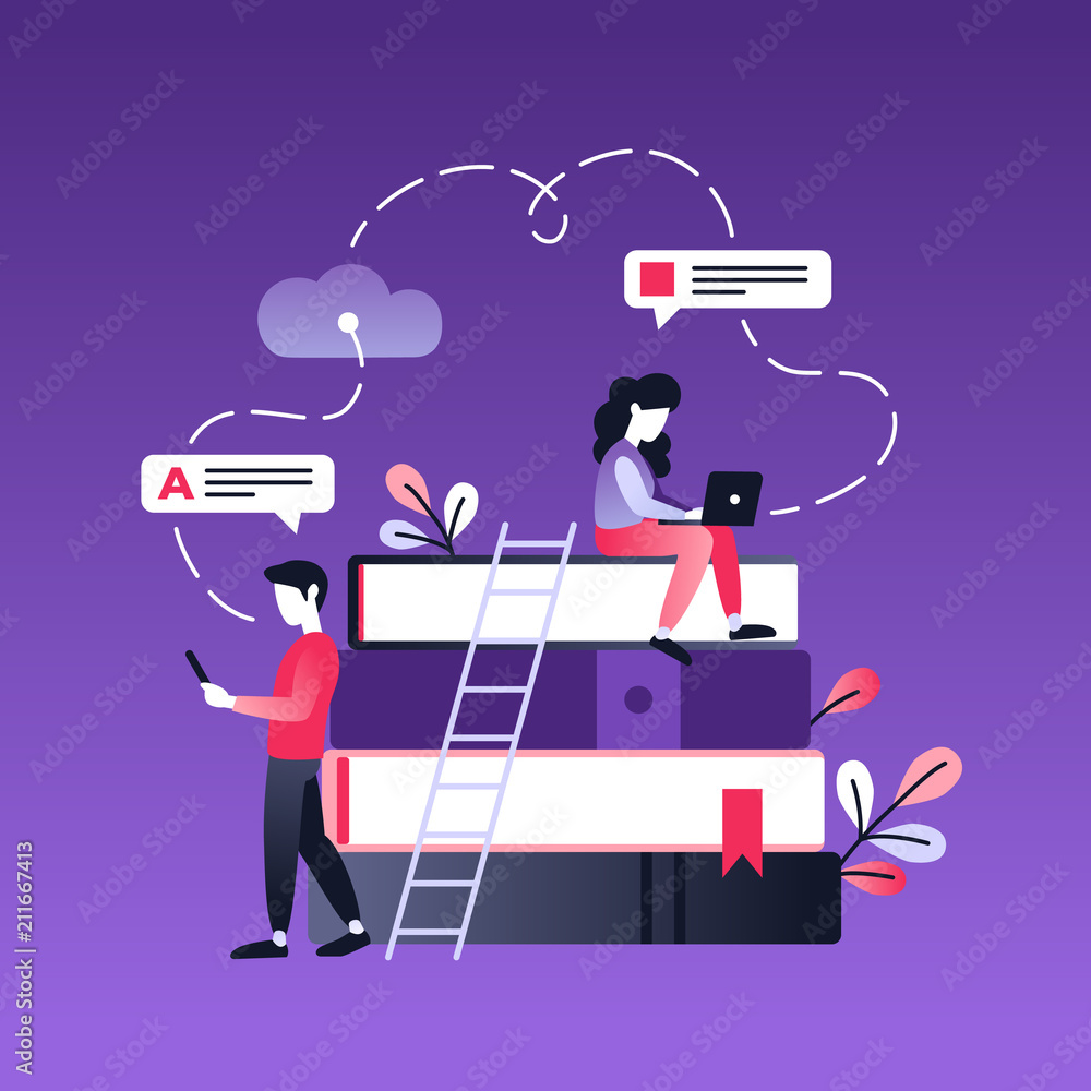 Poster flat vector characters working with laptop and smartphone. modern ultraviolet gradient illustration 
