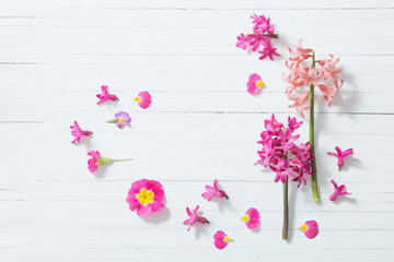 pink spring flowers on white wooden background