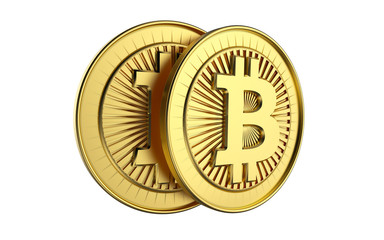 Bitcoin. Physical bit coin. Digital currency. Cryptocurrency. Golden coin with bitcoin symbol isolated on white background. Stock 3d render