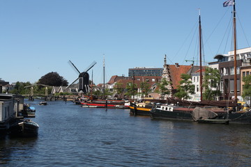 Summer vieuw of the Galgewater in Leiden, the Netherlands. Water recreation in Dutch city. 