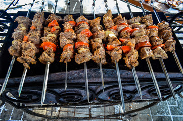 The meat on the skewers