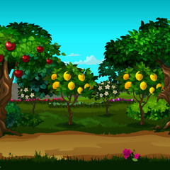 A garden with ripe fruit. Vector cartoon close-up illustration. - obrazy, fototapety, plakaty