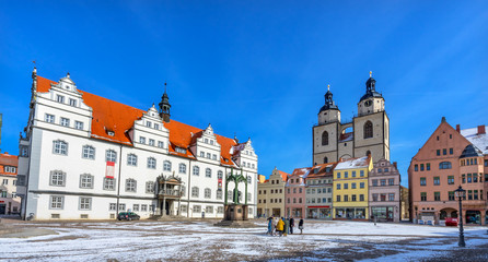 Fototapeta premium Luther Statue Colorful Market Square Rathuas Lutherstadt Wittenberg Germany