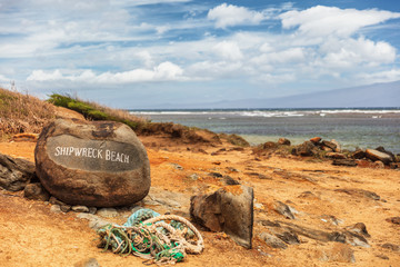 Shipwreck beach in Lanai island, Hawaii. Tourist attraction.