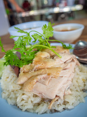 Hainanese chicken rice , Thai gourmet steamed chicken with rice, bean sauce and soup.