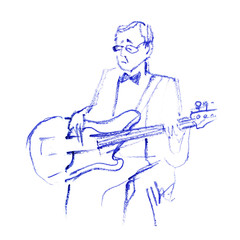 Pancil sketch of a guy with glasses with an electric guitar