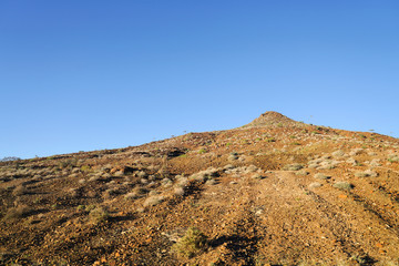 Stony pinnacle with scrubby vegetation under blue sky