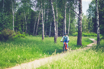 A cyclist in a helmet rides through the forest on a bicycle path