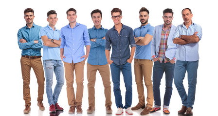 casual team of eight men with a senior member