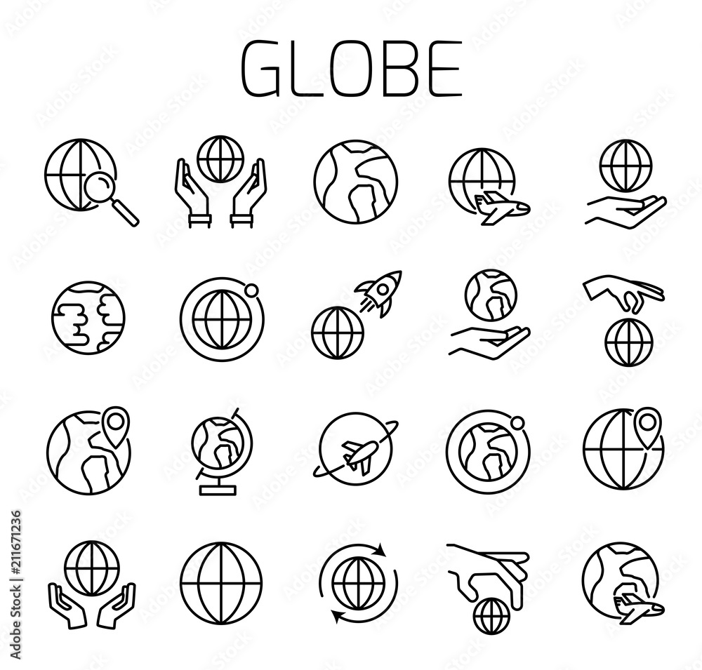 Poster globe related vector icon set.