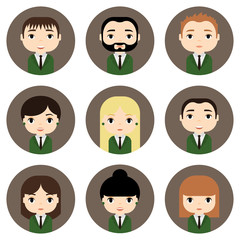 Man and Woman Avatars Set with Smiling faces. Female Male Cartoon Characters. Businessman Businesswoman. Beautiful People Icons. Office Workers.