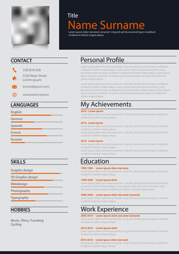 Professional personal resume cv with blue and orange descriptions