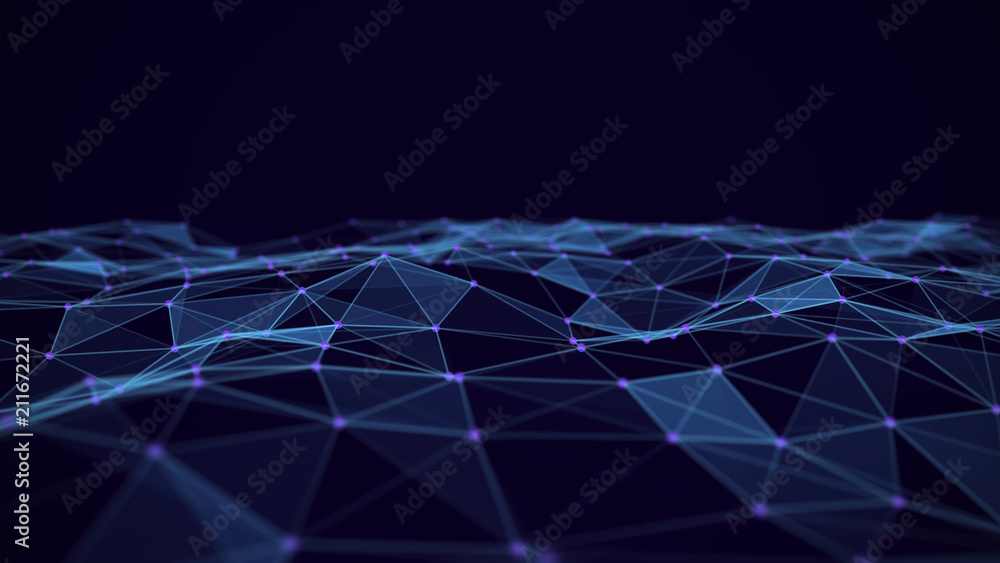 Poster Abstract technology background. Network connections with points and lines. Ai tech wire network futuristic wireframe. Big Data. 4k rendering.