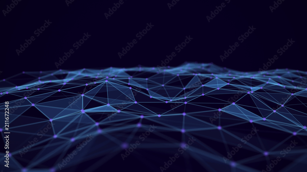 Poster Abstract technology background. Network connections with points and lines. Ai tech wire network futuristic wireframe. Big Data. 4k rendering.