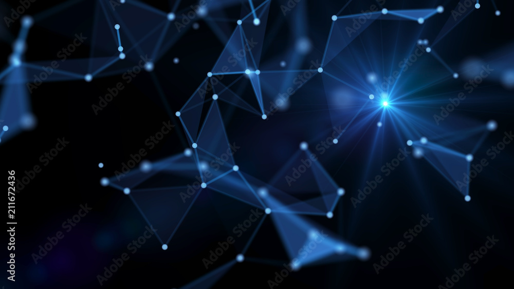 Poster Abstract technology background. Network connections with points and lines. Ai tech wire network futuristic wireframe. Big Data. 4k rendering.