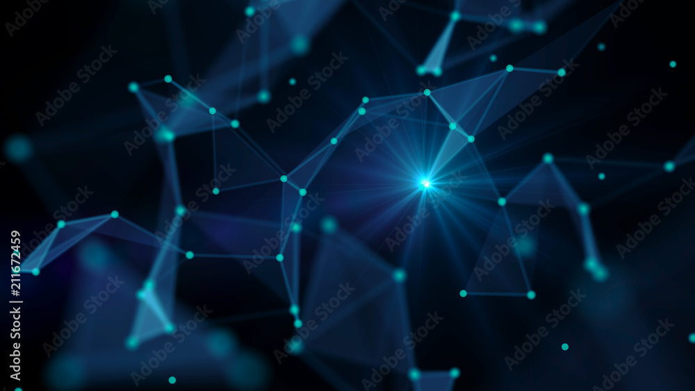 Poster Abstract technology background. Network connections with points and lines. Ai tech wire network futuristic wireframe. Big Data. 4k rendering.