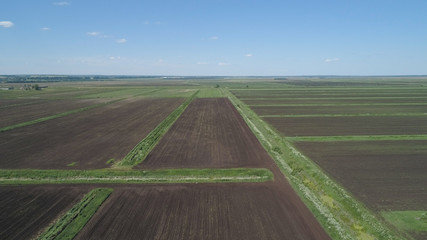 Aerial view of agricultural, cultivated fields. Agricultural landscape rows. Irrigated farmland. Countryside with fields of crops.