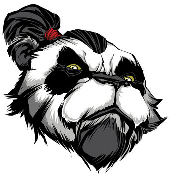 Panda Master on White / Hand drawn illustration of proud panda warrior on black background.