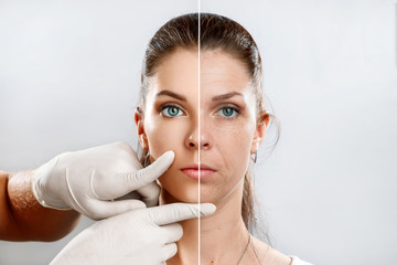 Comparison. Portrait of a young woman, comparing youth and old age, the effect of applying Botox injections. Face plasty, injections, stilting, rejuvenation. - obrazy, fototapety, plakaty