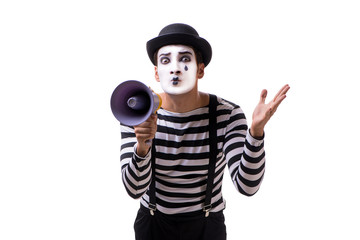 Mime with megaphone isolated on white background