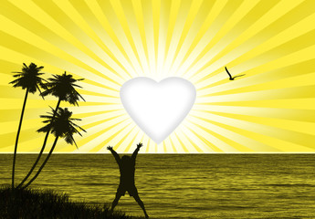 Sol, rayos, corazón, verano, silueta de niño contento, mar, fondo, ilustración, fondos, palmeras