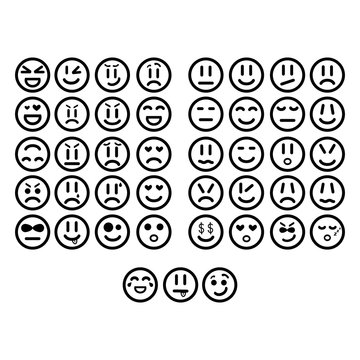 set of simple linear smiles with the image of different emotions. Round icons without fill. Set for instant messengers. Vector graphics